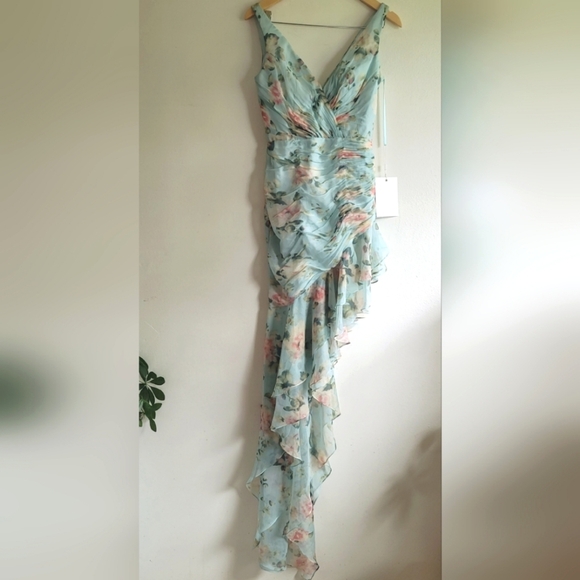 leena for Mac Duggal,Floral Print  Asymmetrical Ruffle Hem Dress,Blue Floral, 2 - Picture 4 of 10